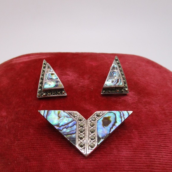 unknown Jewelry - Vintage Sterling Silver Abalone Shell Marcasite Pierced Earrings and Brooch Set